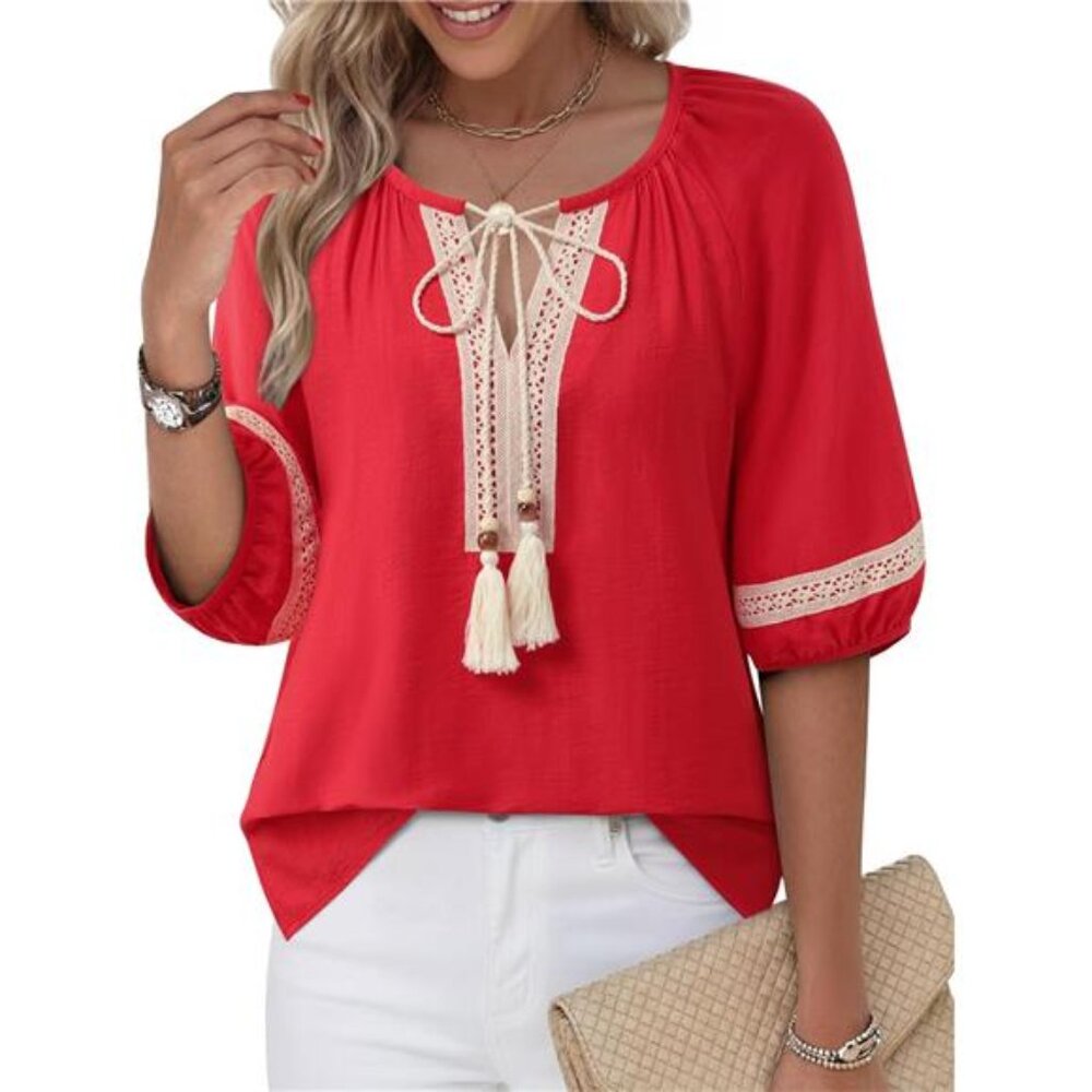 Womens  Top V Neck Tie Front Blouse Dressy Casual Flowy Half